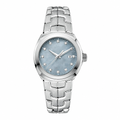 Women's silver tone dress watch with light blue dial and crystal markers