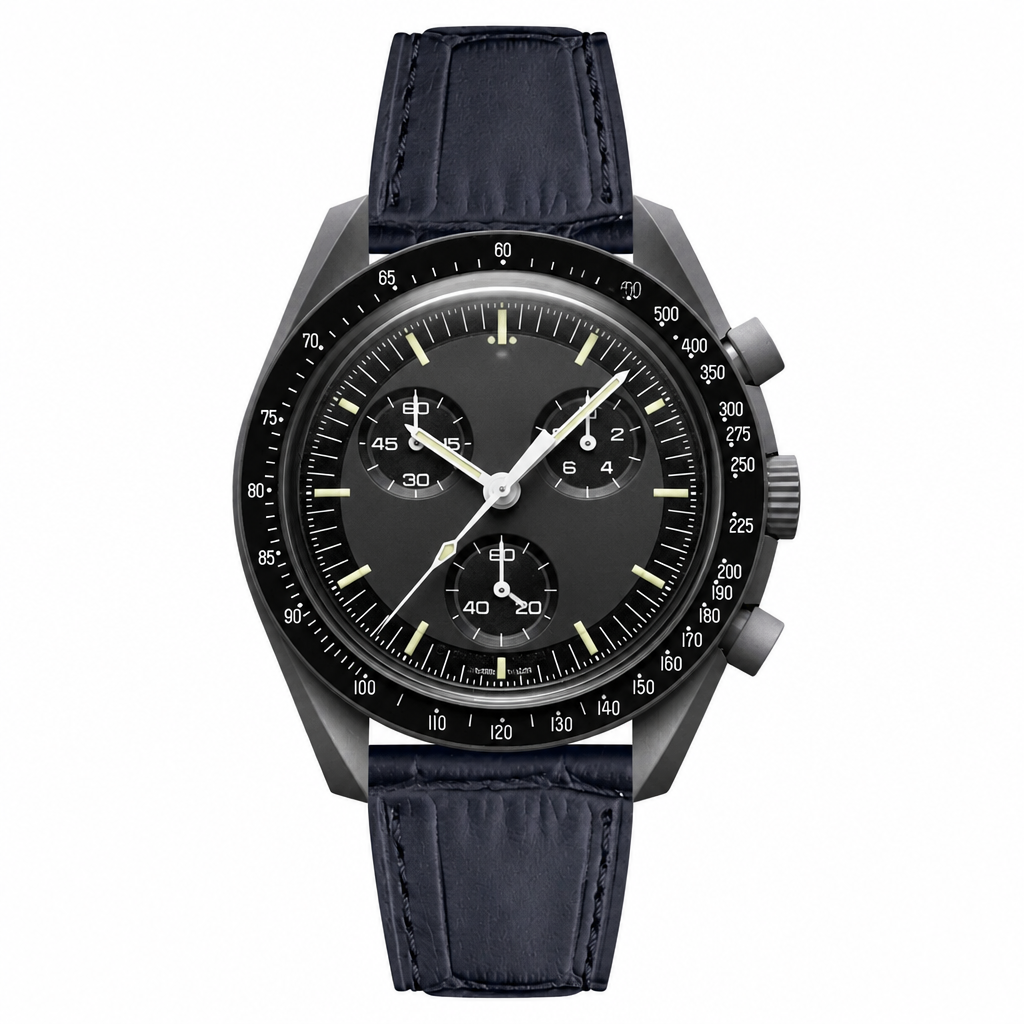 Black chronograph watch with black leather strap product photo