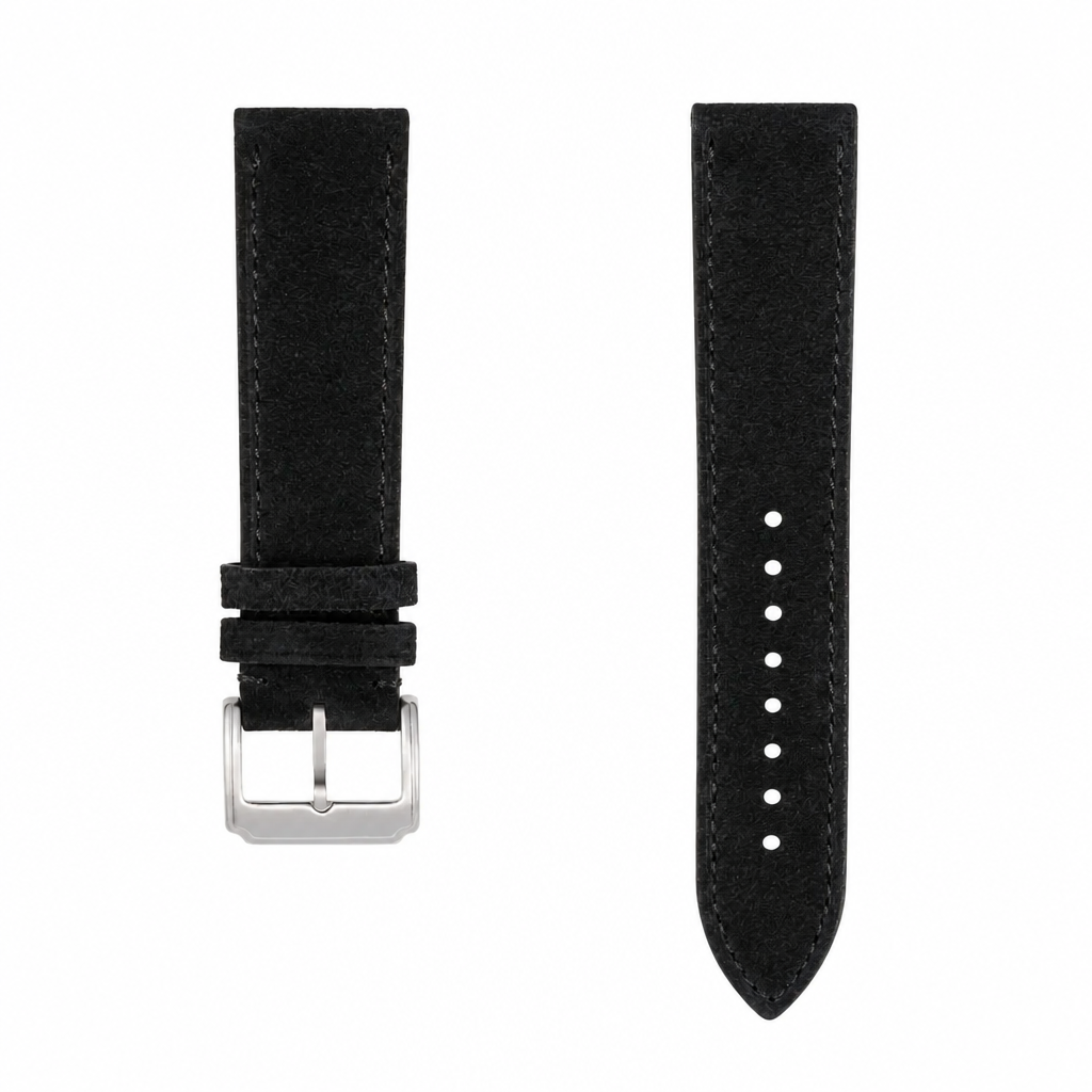 Black suede leather watch strap with silver buckle 20mm
