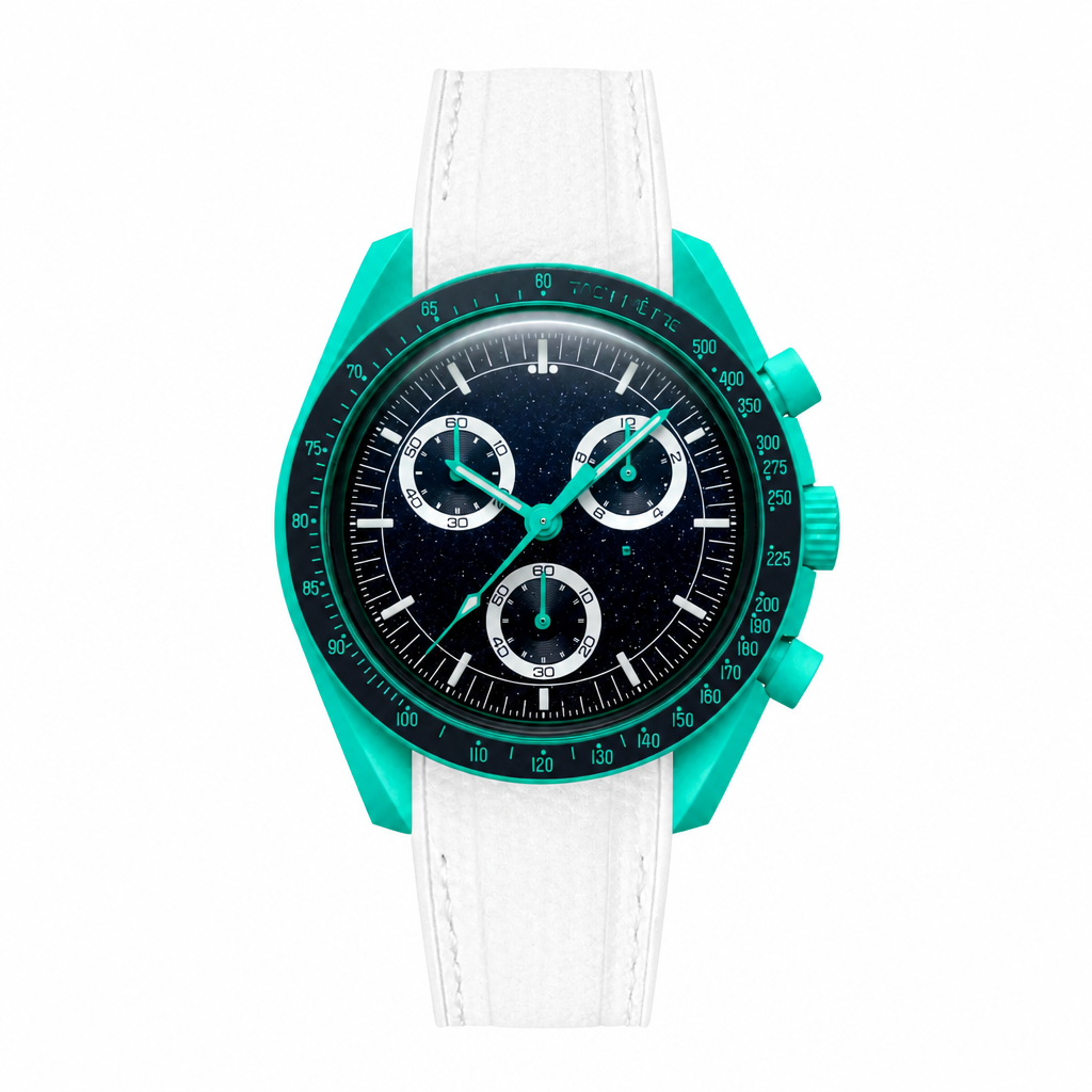 Sport chronograph watch with teal case, black dial, white subdials, and white rubber strap