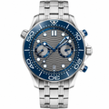 Chronograph dive-style watch with stainless steel bracelet and blue bezel 44mm
