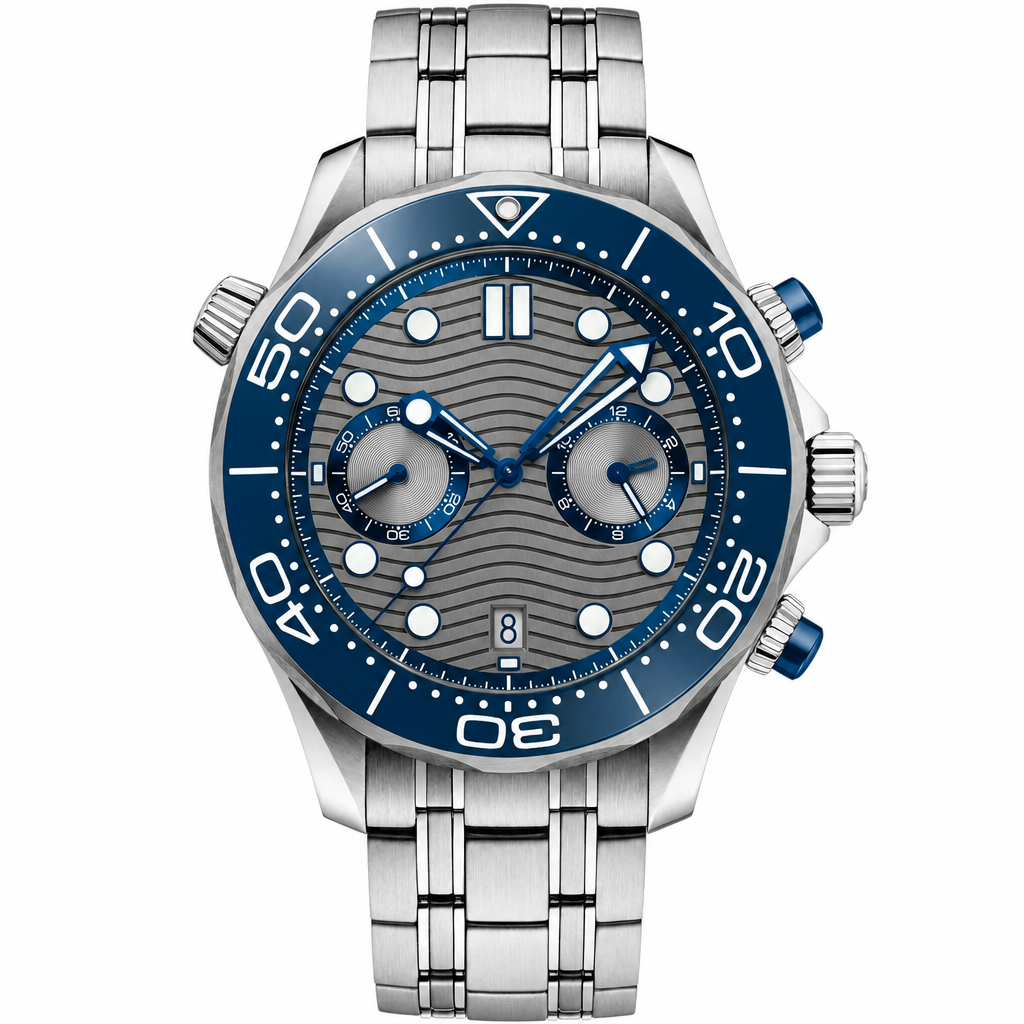 Chronograph dive-style watch with stainless steel bracelet and blue bezel 44mm