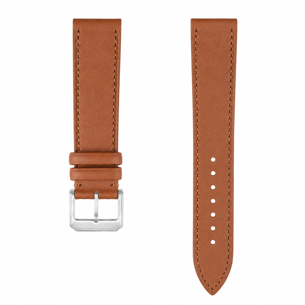 Brown leather watch strap with stainless steel buckle, 20mm