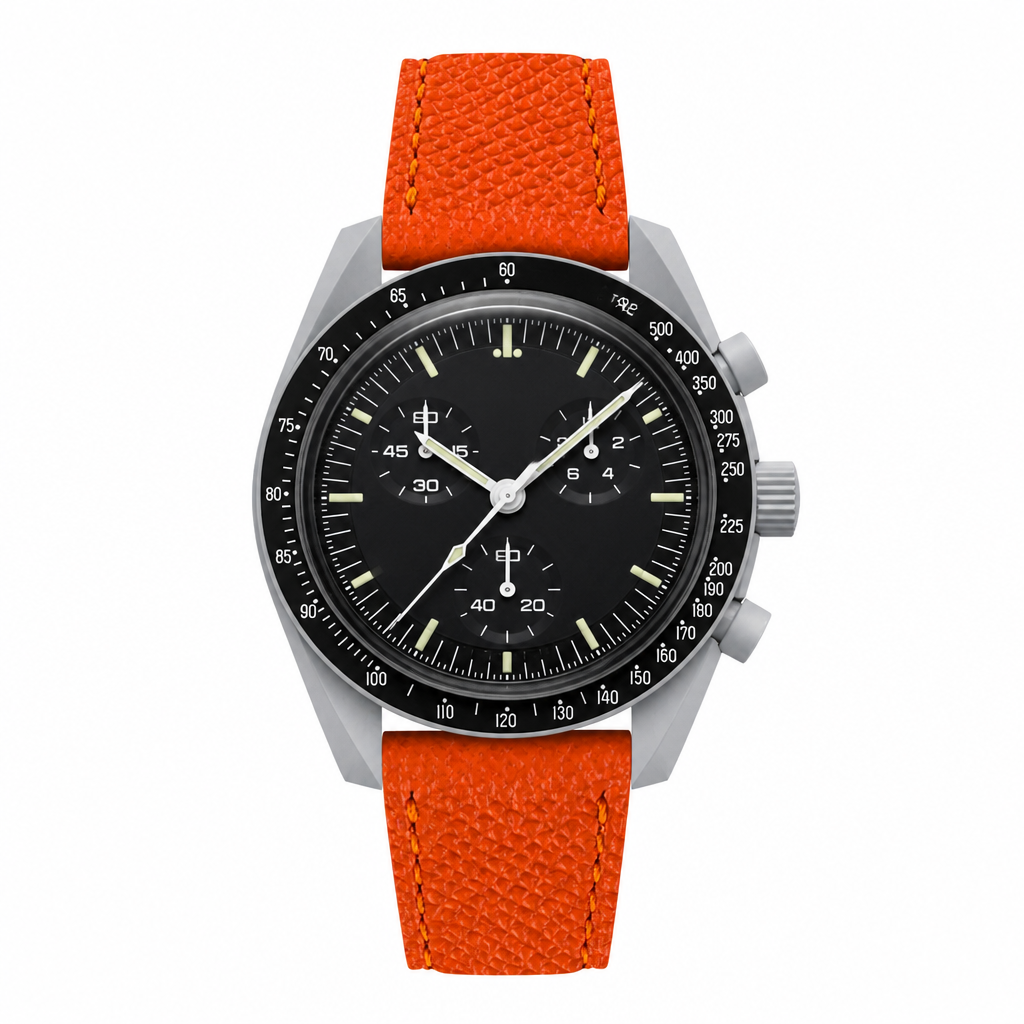 Sporty chronograph watch with black dial and orange leather strap on white background