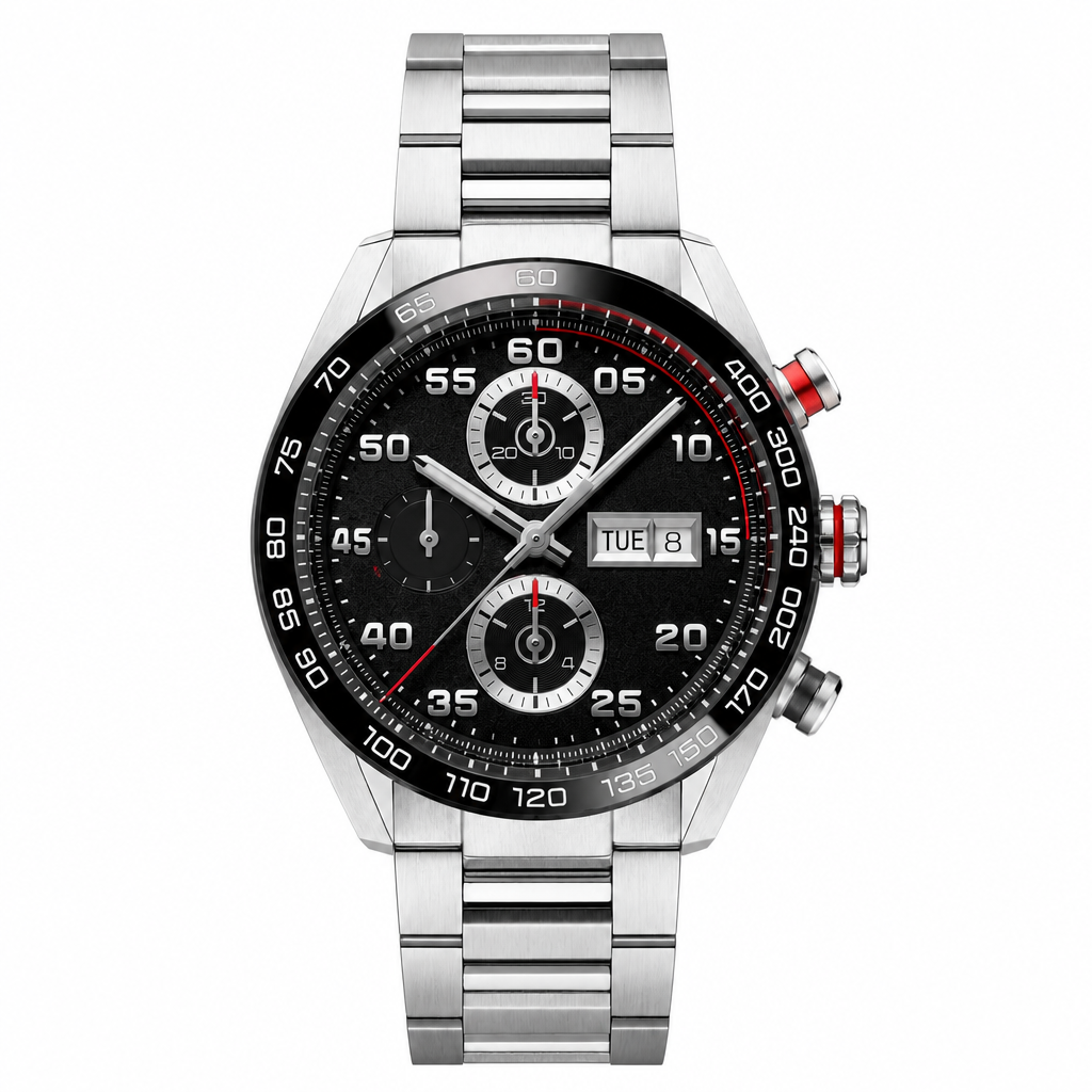 Sport chronograph watch with black dial and silver metal strap on white background