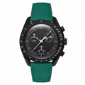 Sport chronograph watch with black dial and green leather strap
