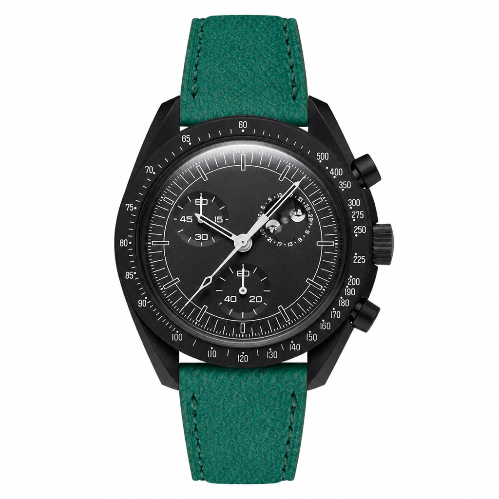 Sport chronograph watch with black dial and green leather strap