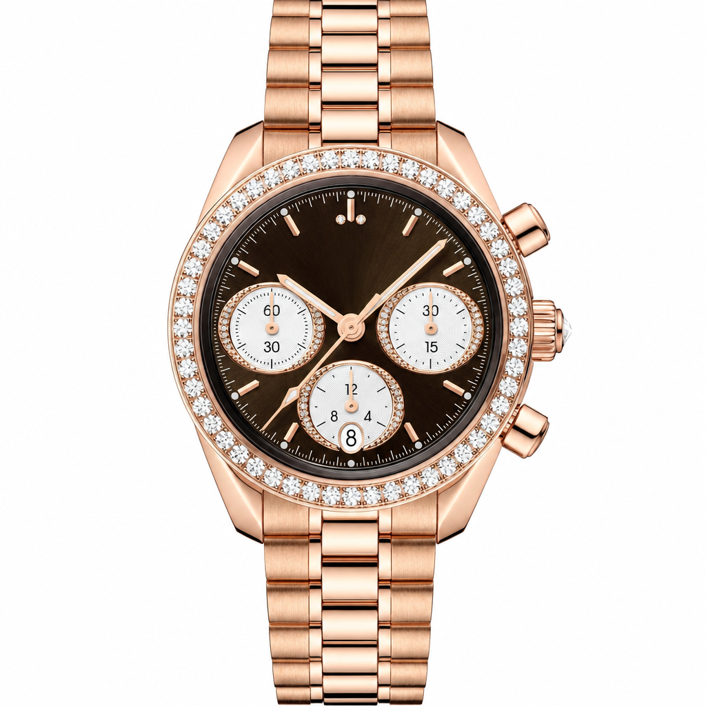 Chronograph watch with rose gold tone metal case and bracelet, dark brown dial, and crystal-set bezel