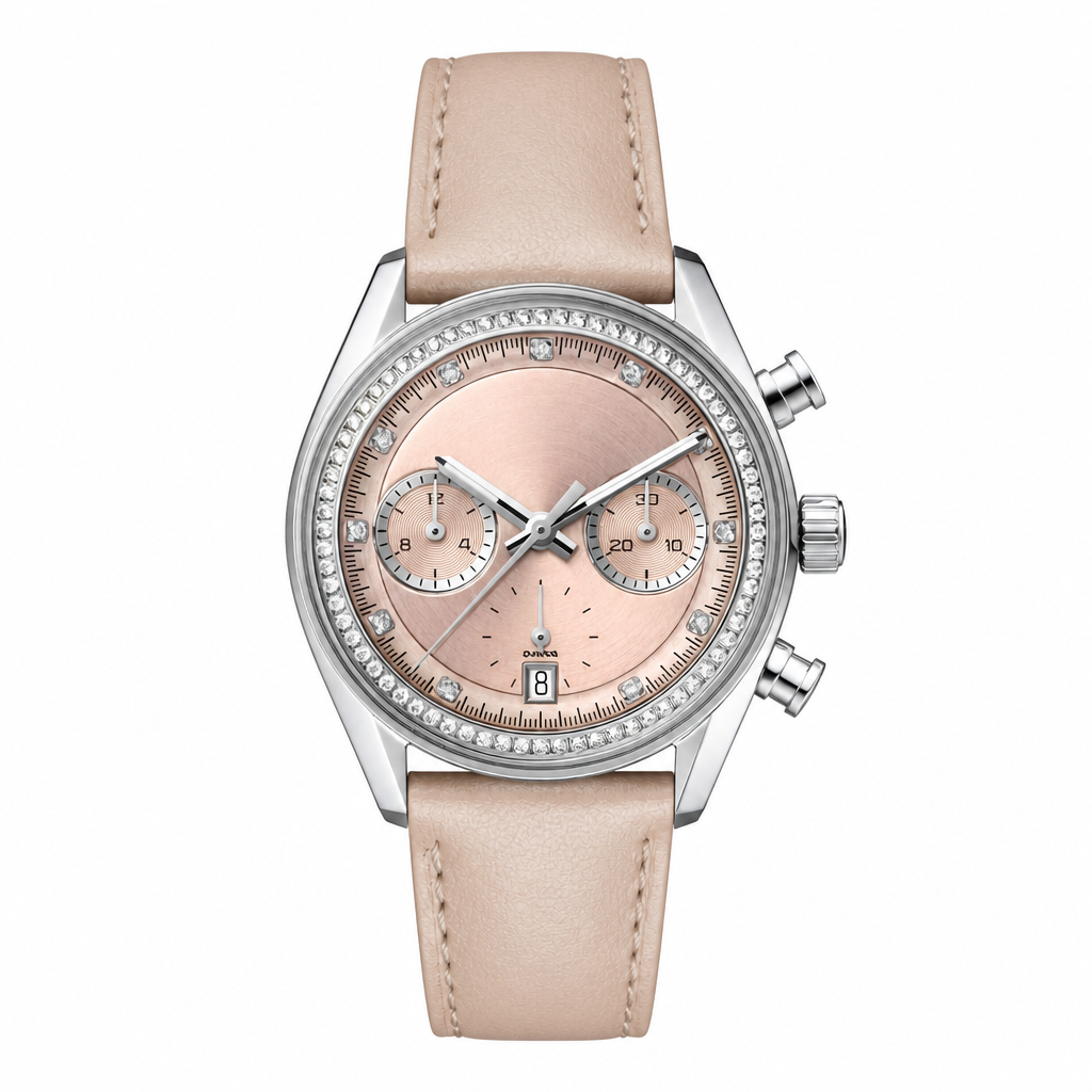Women's dress chronograph watch with rose pink dial and beige leather strap