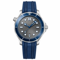 42mm diver watch with gray dial, blue accents, and blue rubber strap