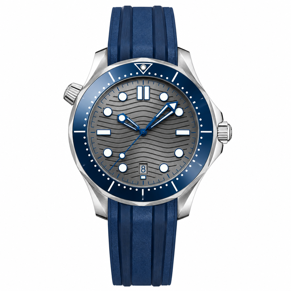 42mm diver watch with gray dial, blue accents, and blue rubber strap