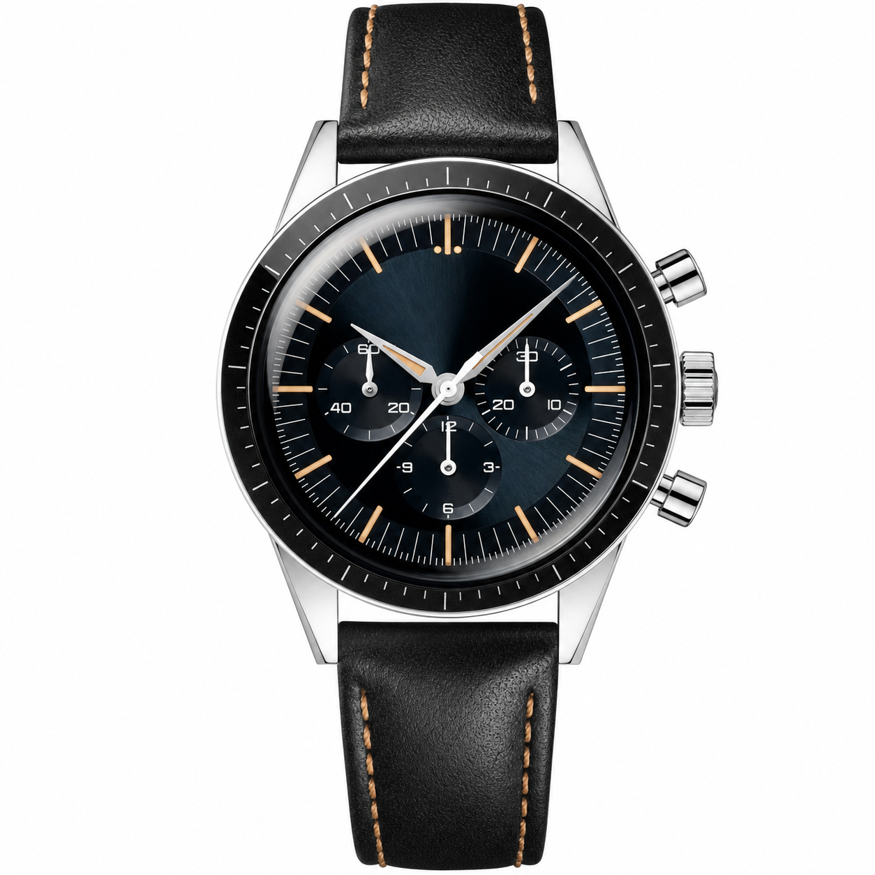 Chronograph watch with black leather strap and dark dial 40mm