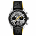 Sport chronograph watch with black perforated leather strap and silver case