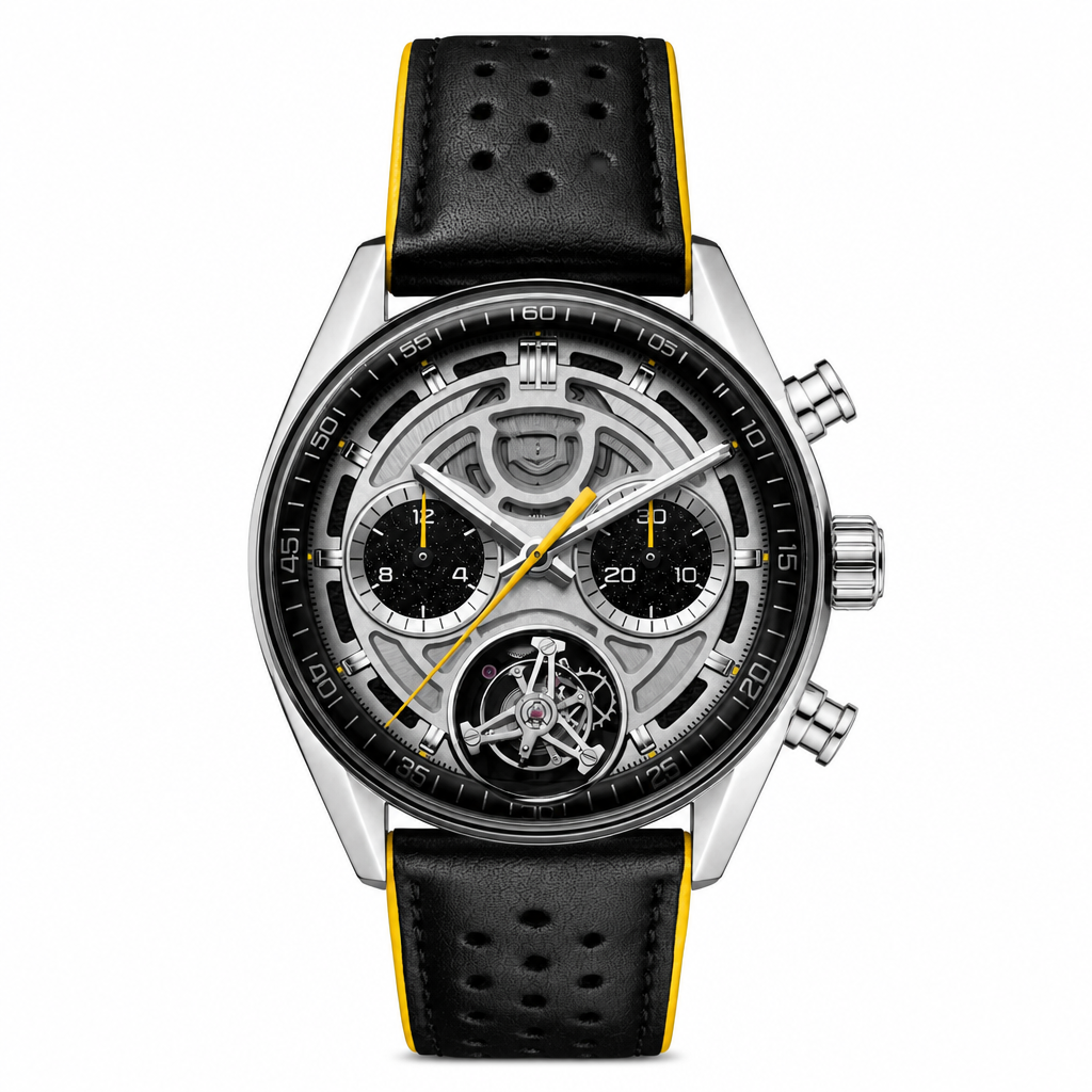 Sport chronograph watch with black perforated leather strap and silver case
