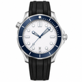 42mm diver style watch with white dial with blue accents, blue bezel, and black rubber strap