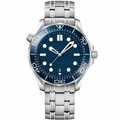 Sport diver watch with blue dial and silver metal bracelet, 42mm case size, front view