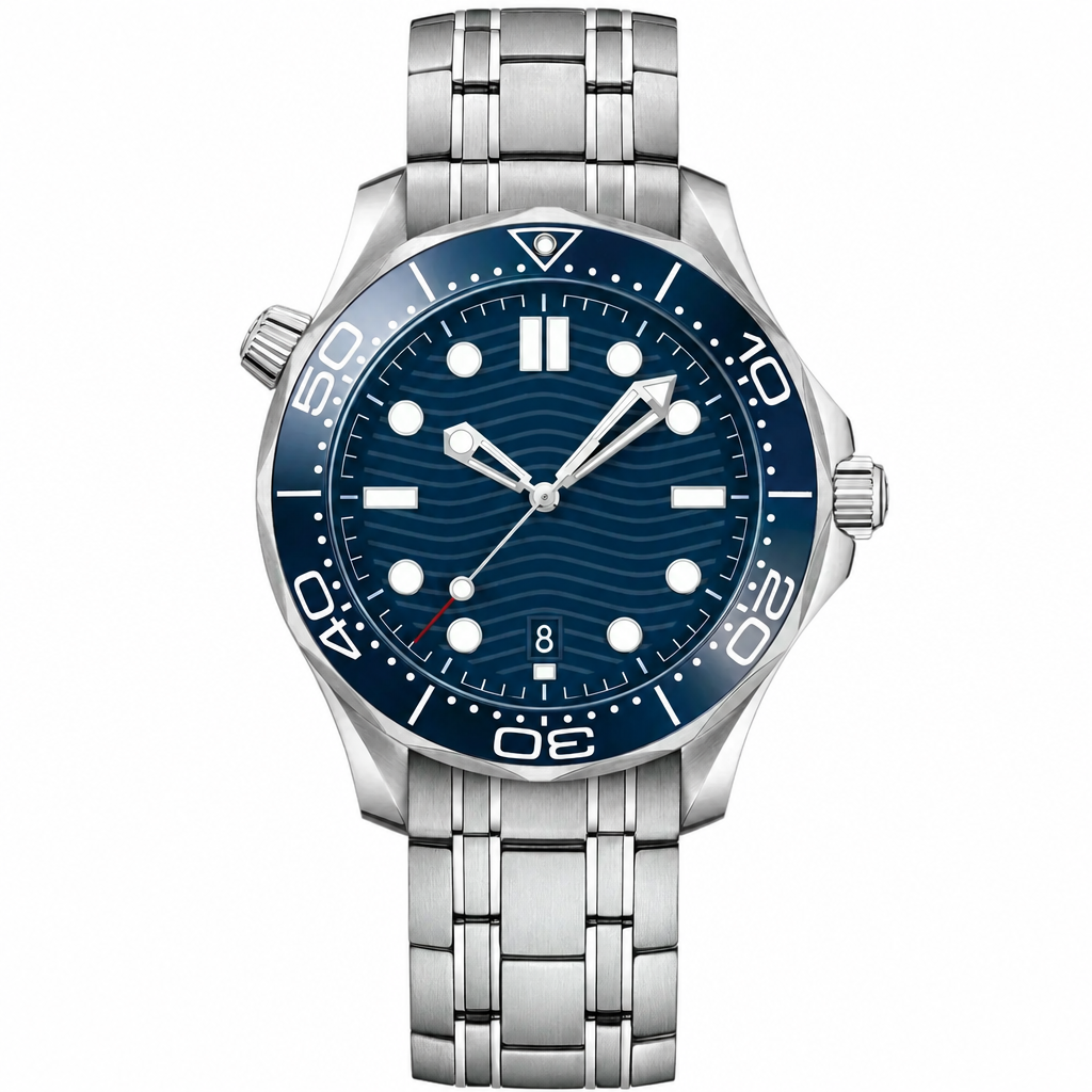Sport diver watch with blue dial and silver metal bracelet, 42mm case size, front view