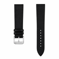 Black leather watch strap with silver buckle on white background