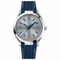 Silver dial watch with blue silicone strap and polished silver case, 41mm size