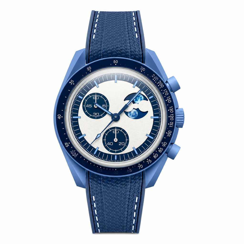 Blue sport chronograph watch with moon phase and blue rubber strap on white background