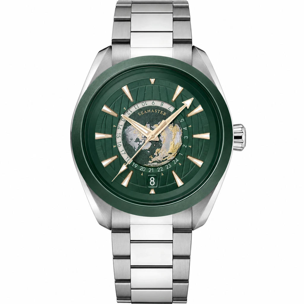 Watch with green dial and silver metal bracelet, 43mm size