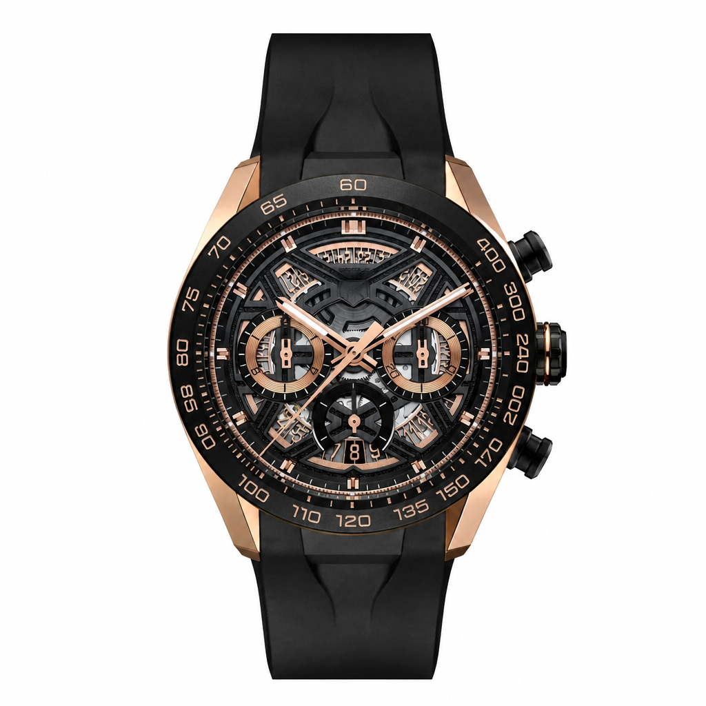 Sport chronograph watch with rose gold tone case and black rubber strap