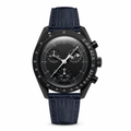 Dress watch with black dial and dark blue leather strap on white background