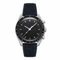 Chronograph watch with black dial and textured black strap front view