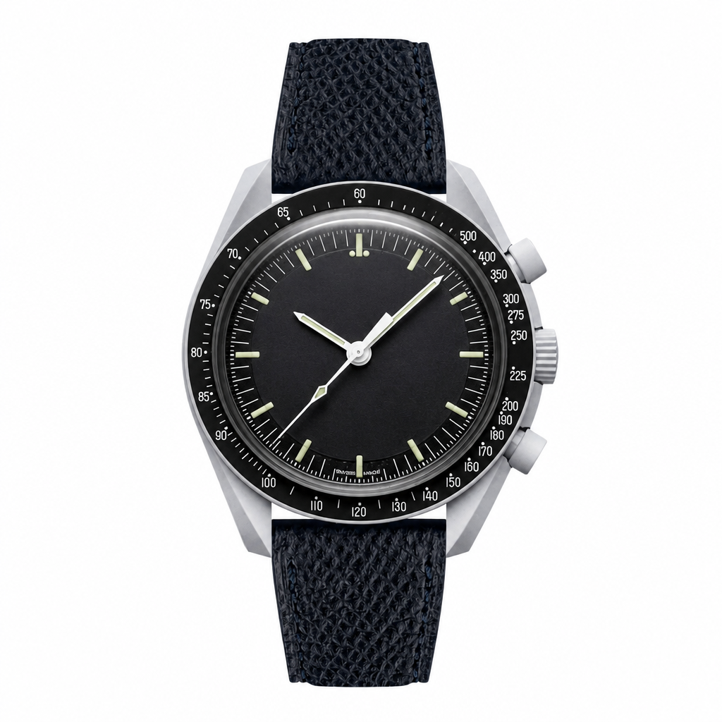 Chronograph watch with black dial and textured black strap front view