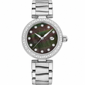 Silver-tone metal dress watch with dark mother-of-pearl dial and gemstone hour markers