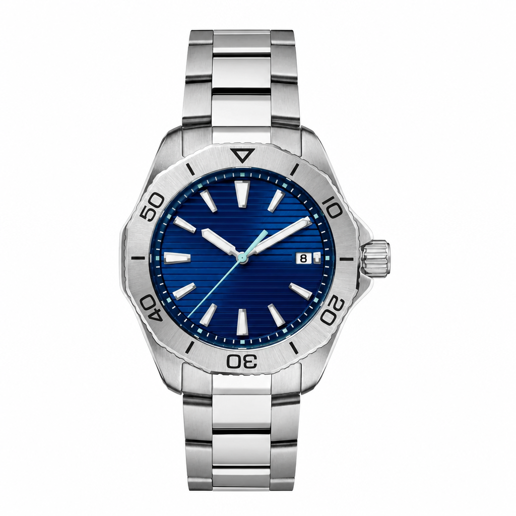 Silver metal sport watch with blue dial and numeric bezel markings
