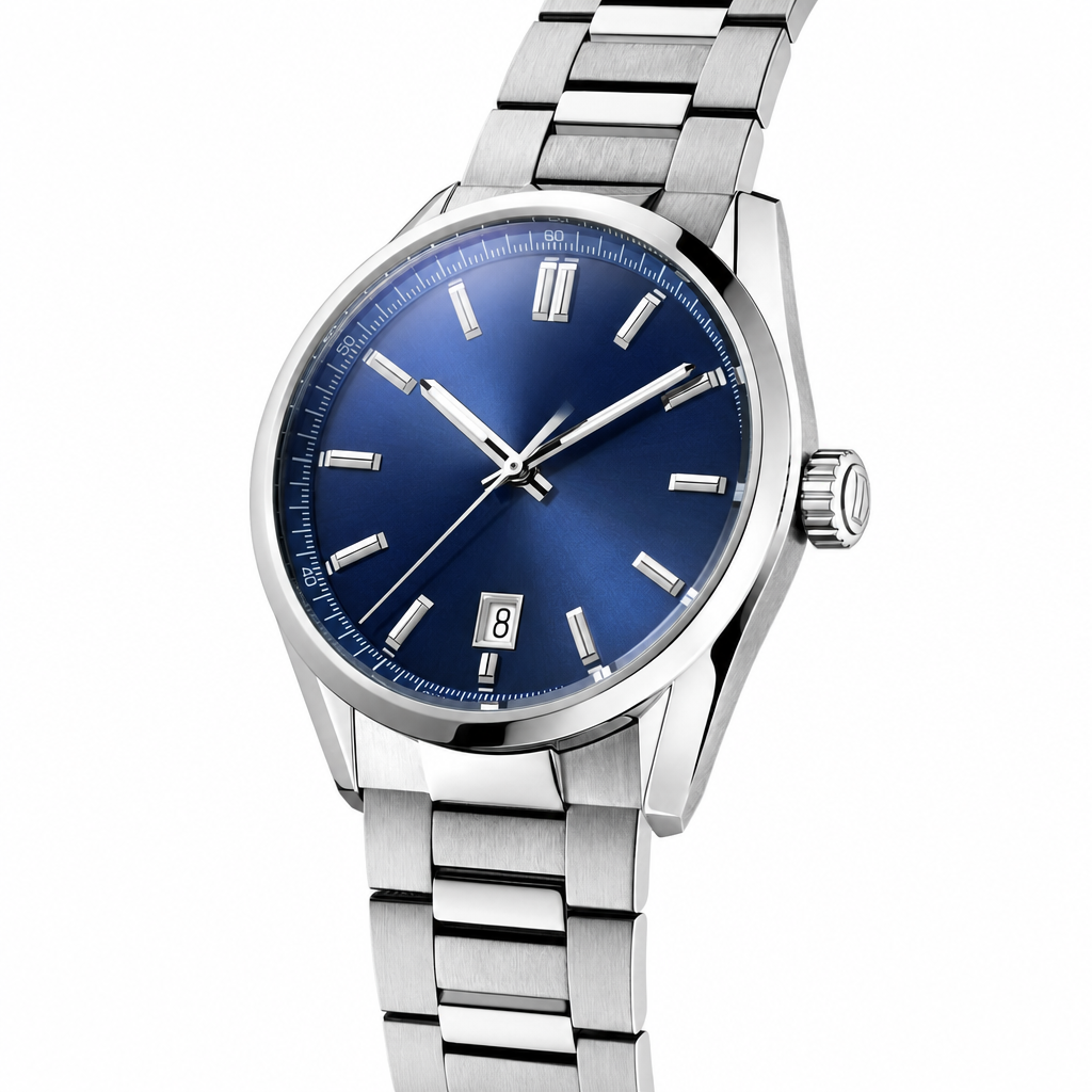 Classic watch with blue dial and stainless steel bracelet