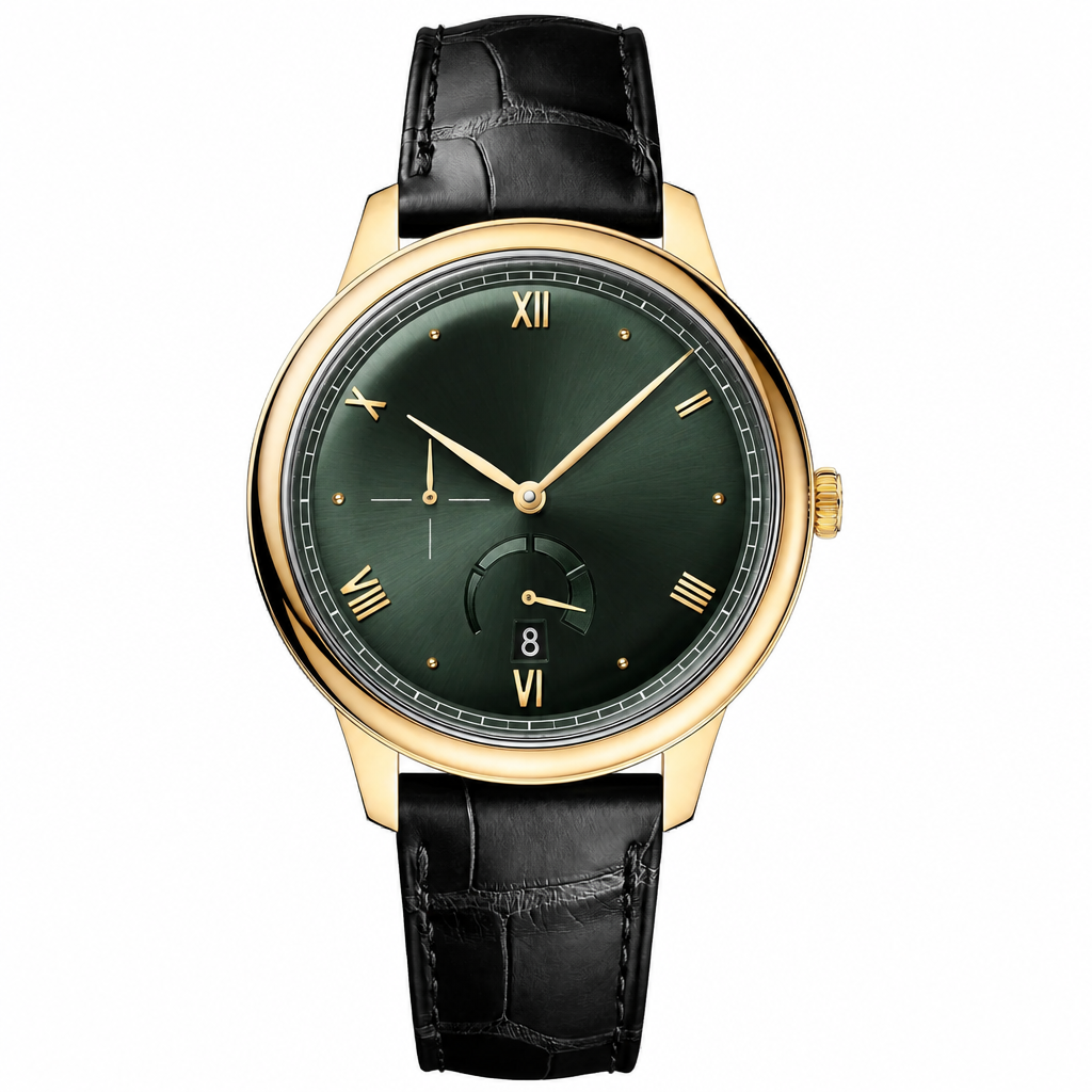 Gold-tone dress watch with green dial and black leather strap