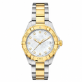 Two-tone metal dress watch with white mother-of-pearl dial and diamond markers