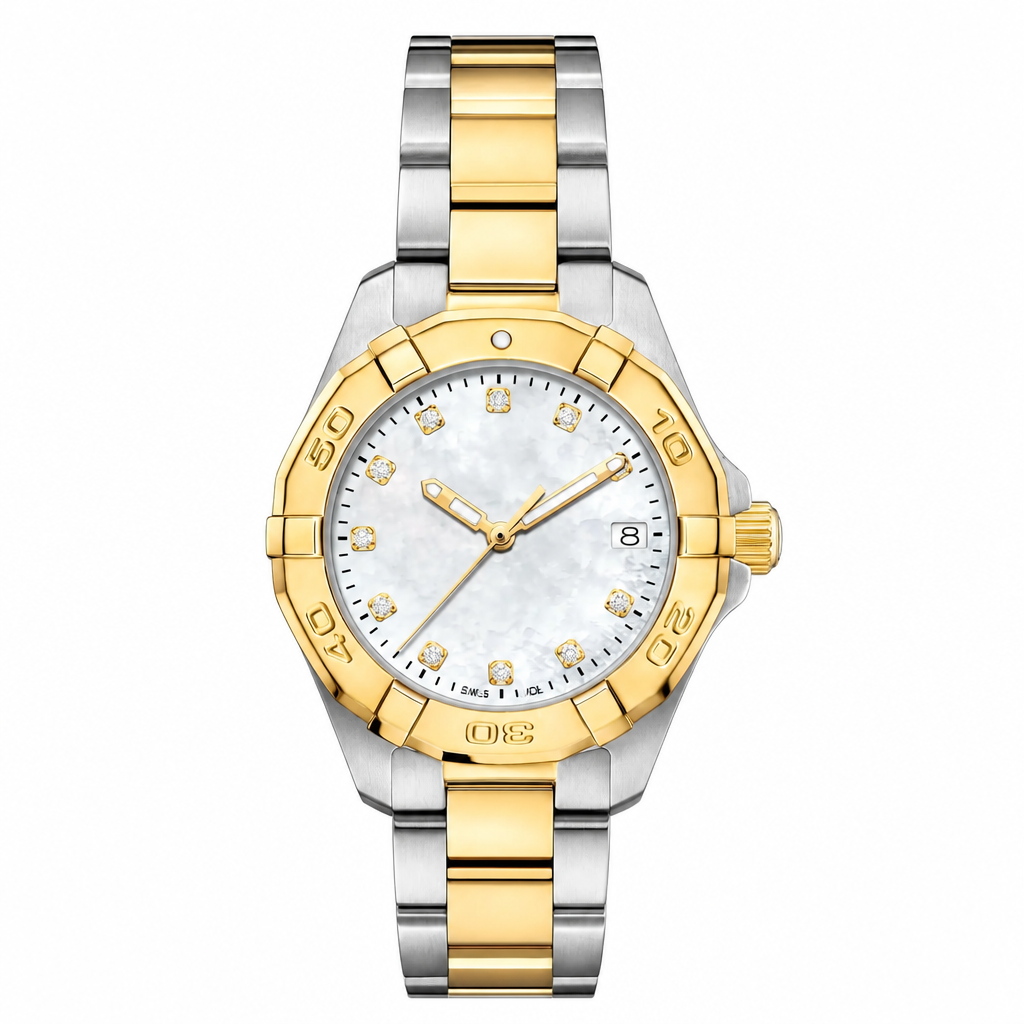 Two-tone metal dress watch with white mother-of-pearl dial and diamond markers