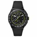 Sporty black chronograph wristwatch with rubber strap and yellow-green accents on dial