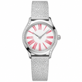 Silver-tone dress watch with metal mesh strap and white dial with red Roman numerals