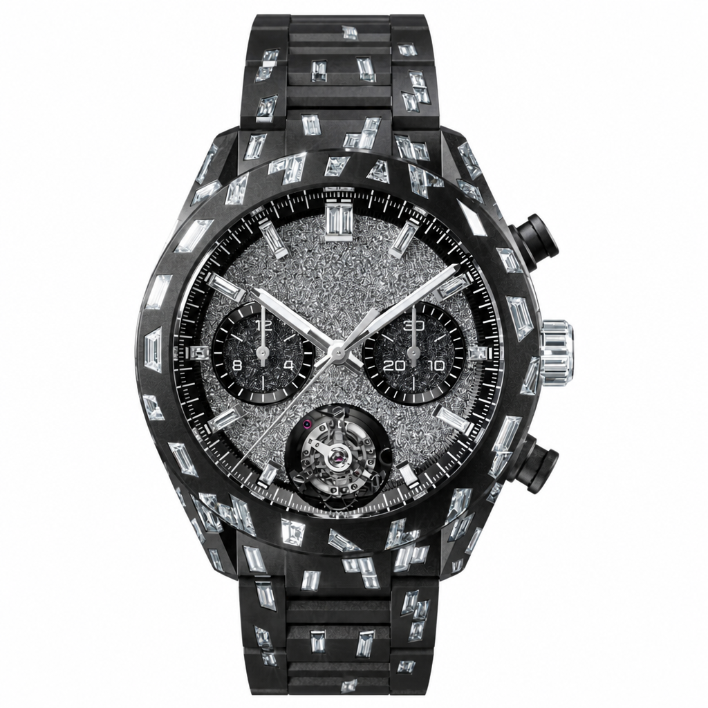 Luxury black ceramic sport chronograph watch with clear gem decorations