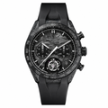 Black carbon fiber sport chronograph watch with black rubber strap on white background