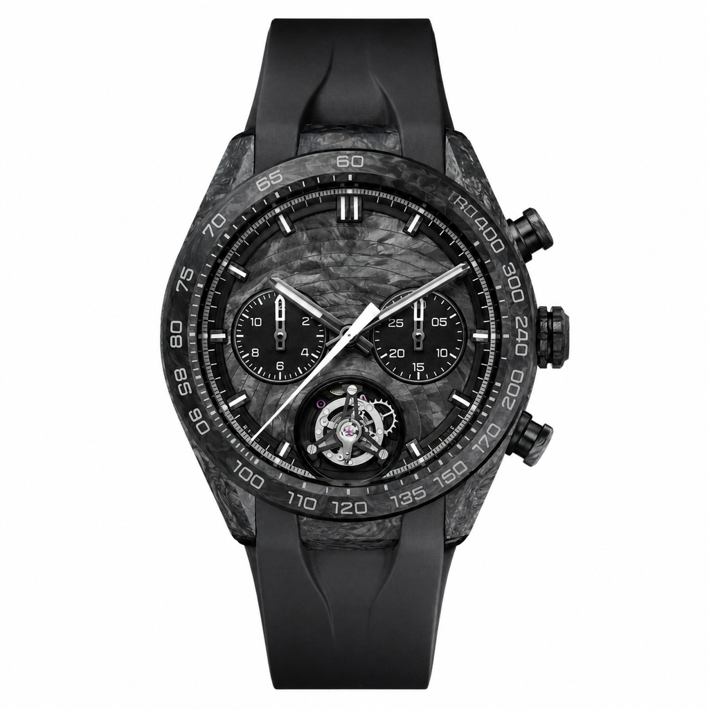 Black carbon fiber sport chronograph watch with black rubber strap on white background