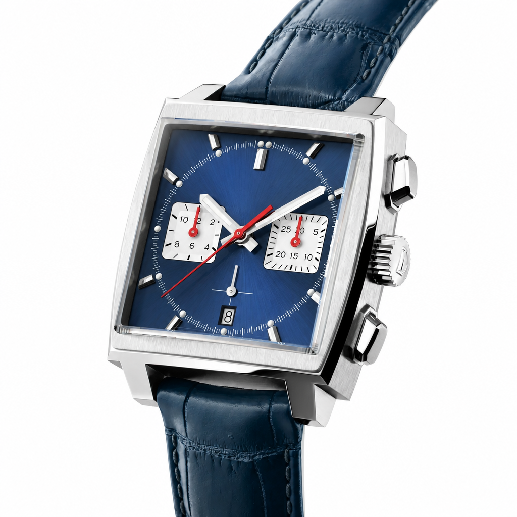 Chronograph watch with blue dial, silver case, and blue leather strap