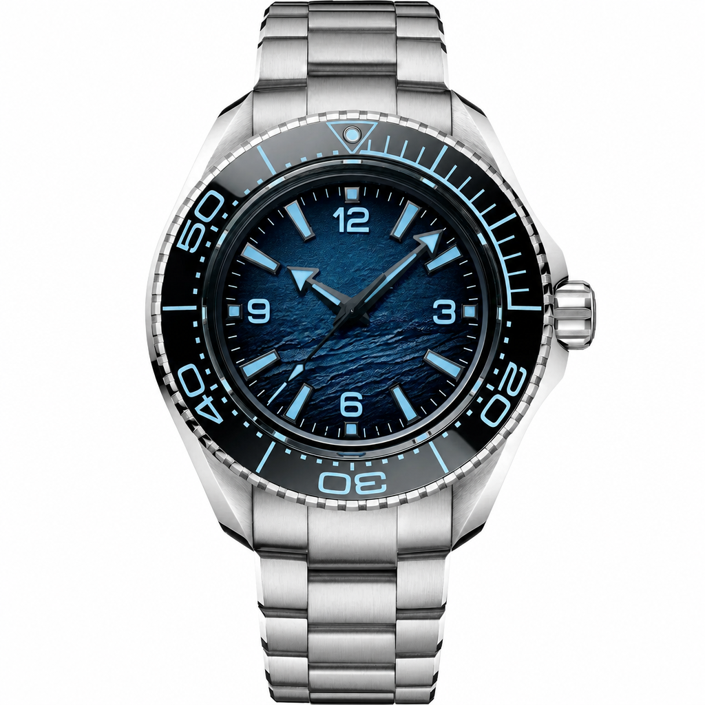 Dive style stainless steel watch with blue dial and black bezel, 46mm case