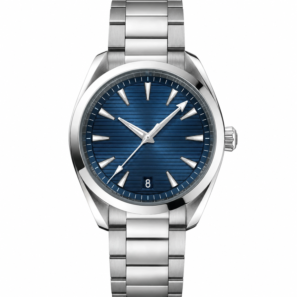 Blue dial dress watch with stainless steel case and bracelet, 41mm, product photo