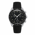 Chronograph watch with black dial and black suede strap, silver-tone case