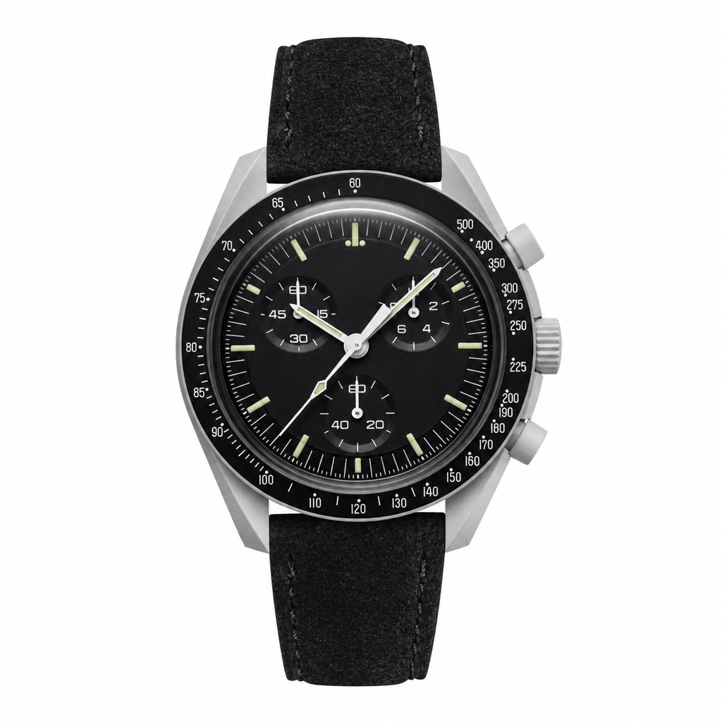 Chronograph watch with black dial and black suede strap, silver-tone case