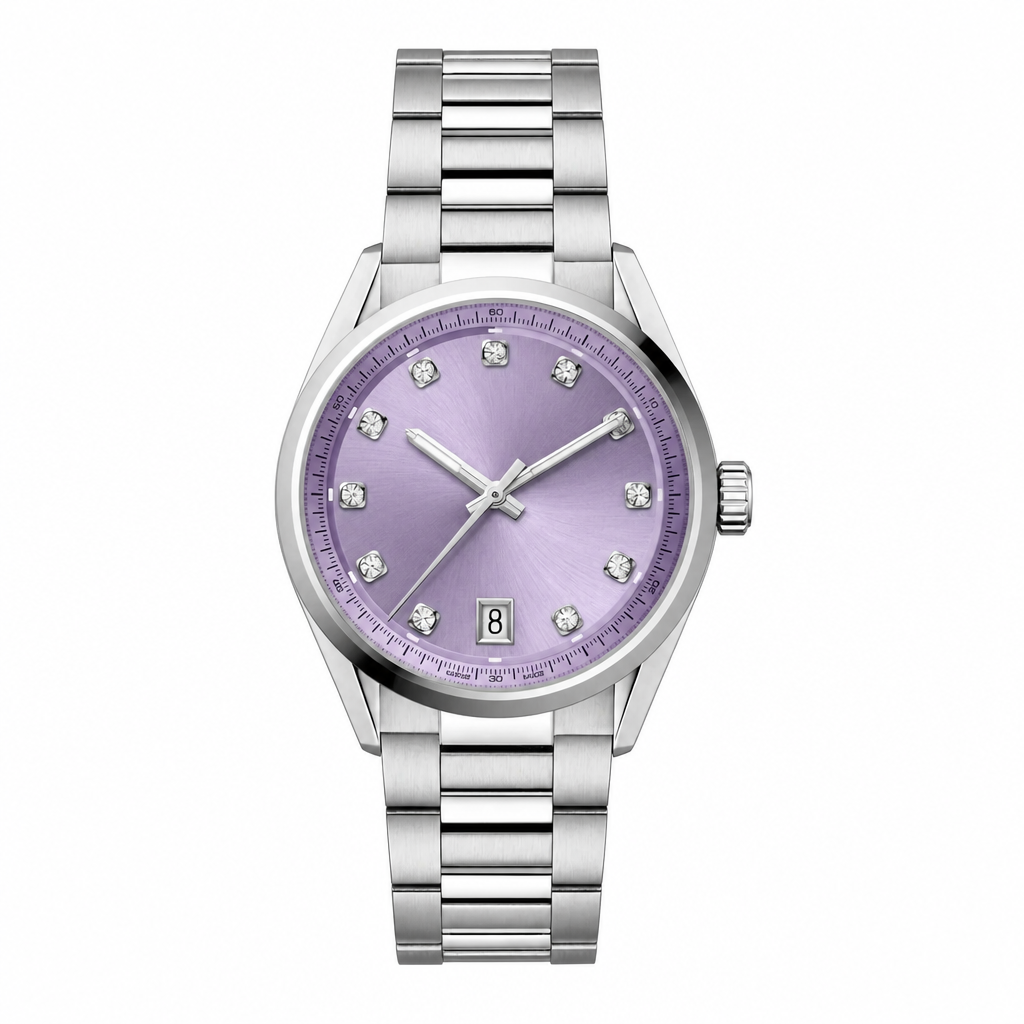 Silver metal watch with light purple dial product photo