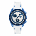 Sport-casual watch with blue case, off-white dial, white strap with blue stitching