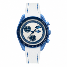 Relógio esportivo-casual com caixa azul e pulseira branca