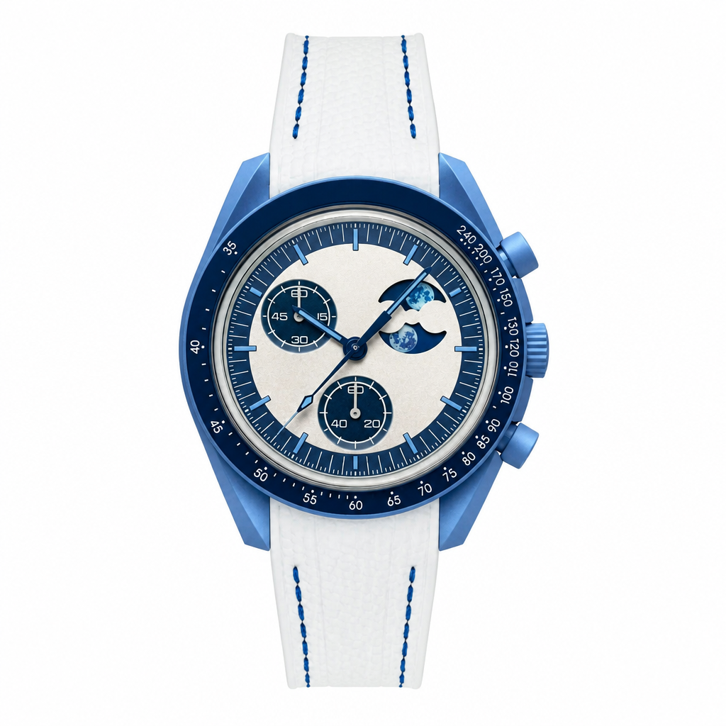 Sport-casual watch with blue case, off-white dial, white strap with blue stitching