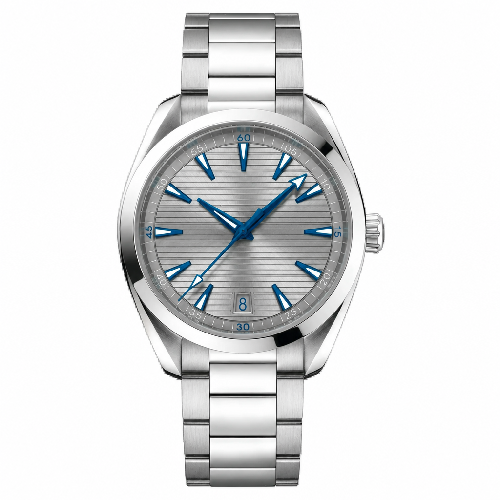 Silver dial stainless steel watch with blue markers and 41mm case size